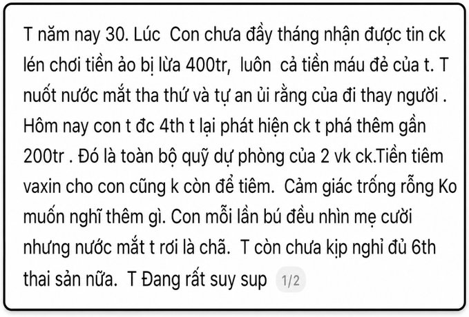 A Vietnamese text post (1/2) recounts a sad story about a 30-year-old person being scammed online, losing money meant for their unborn child's vaccinations, and feeling devastated.