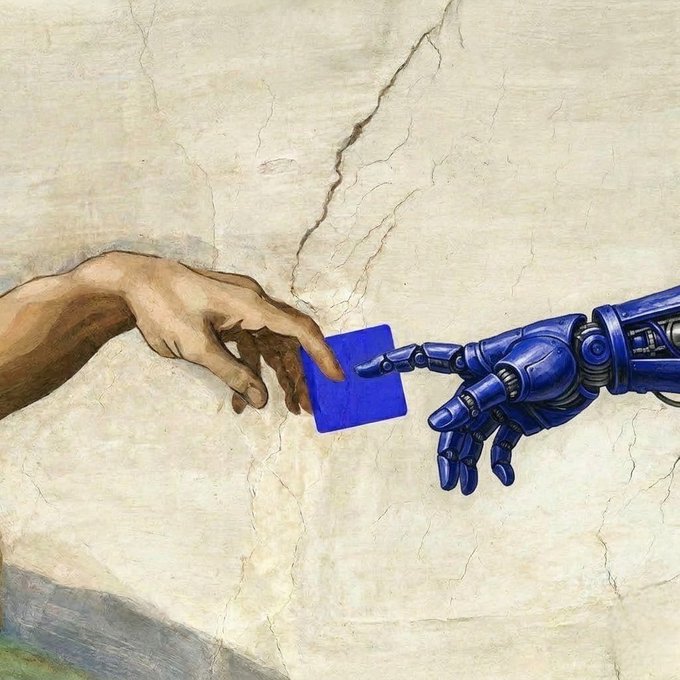 A creative parody of Michelangelo's 'Creation of Adam' fresco, replacing the divine touch with a blue robotic hand instead of a human one, exchanging a small blue square.