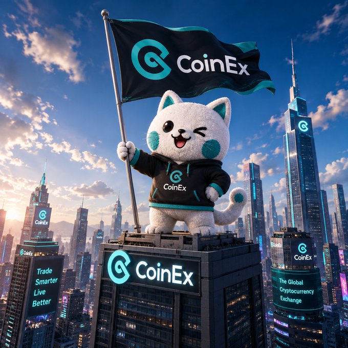 A 3D-rendered white cat mascot in a CoinEx hoodie stands atop a building holding a CoinEx flag, with the tagline 'Trade Smarter Live Better' displayed against a city skyline.