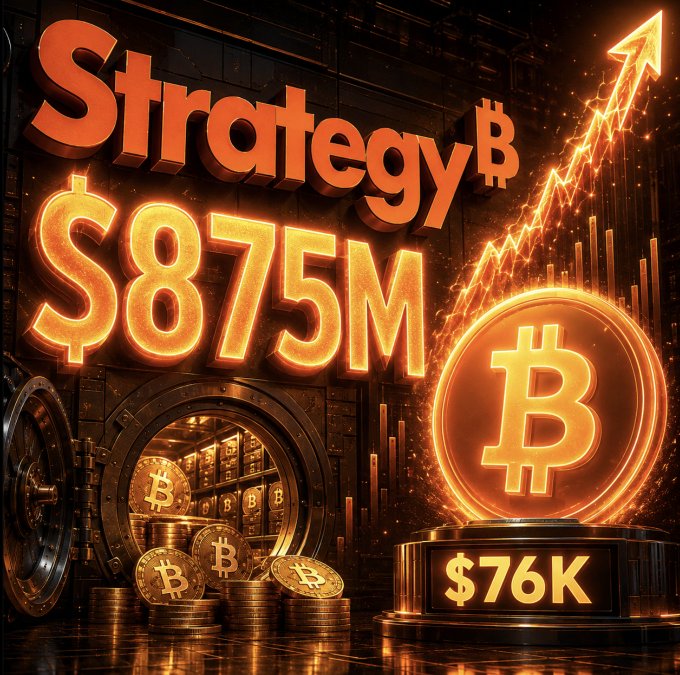 A glowing graphic displays "Strategy" alongside "$875M" and a large Bitcoin logo on a pedestal marked "$76K," with an upward-trending arrow and a vault full of Bitcoin coins. The imagery visualizes Saylor's Strategy (formerly MicroStrategy) celebrating $875 million in unrealized profits on its Bitcoin holdings as the price climbs above $76,000.