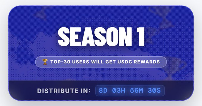 The image shows a blue sign with white text that says "Season 1" at the top, followed by a list of rewards users will receive during Season 1. The rewards include USDC points for reaching specific goals or milestones within the game. The rewards are distributed in eight days and range from 30 to 60 USDC points per day. Users can also earn up to 10 USDC points if they complete certain tasks or reach specific achievements.