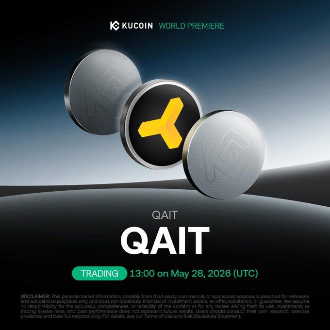 The image features three coins stacked on top of each other with a yellow logo at the center. The text "QAIT" is written below the coins, indicating that this is an advertisement for QAIT trading. The poster also includes details about the event and the date it will take place.