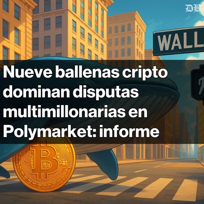 The image features a cartoon illustration of a whale with a gold coin attached to its back, walking down a city street. The text above the illustration reads "Nueve billeteras cripto dominan disputas multimilleniumes en Polymarket: informe". This suggests that there is an advertisement for Bitcoin and how it can be used as a form of currency or investment in the digital market.