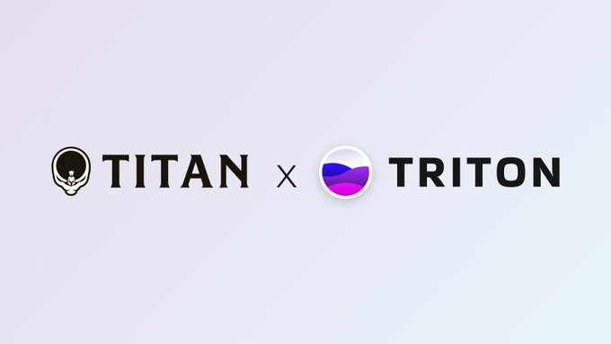 The image displays a collaboration graphic featuring the Titan and Triton logos side by side, separated by an "x" symbol, with "TITAN" in black text accompanied by a stylized helmet icon and "TRITON" in bold black text next to a purple and blue gradient circular logo. This partnership visual aligns with the post's introduction of Titan as a plug-and-play quoting and swap execution layer, suggesting Triton is featured as a partner or integration highlighted alongside Titan's meta-aggregation of Solana liquidity.