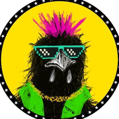 The image features a black bird wearing sunglasses, a green jacket, and has a chain around its neck. The bird appears to be wearing a pink flower in its hair, giving it a unique and eye-catching appearance. The background of the image is yellow with stars, which adds to the overall visual appeal of the scene. The post includes text that reads "Today I want to give a shout out to @syn3rgy_artlab. Give him a follow. He's helped me quite a bit with UI advice and pointing out some potential improvements to make to XRPresso.io."