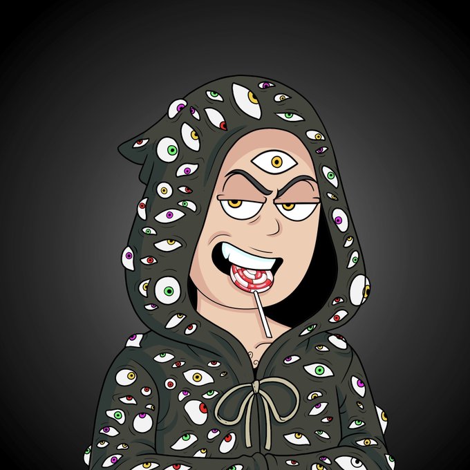 A cartoon illustration of a character with a sinister grin and a third eye on his forehead, wearing a black hoodie covered in numerous eye patterns and sucking on a red lollipop. The post appears to celebrate receiving this "Tony" 1/1 artwork from TheConmenNFT project, with the character's watchful eyes fitting the "con men" theme.