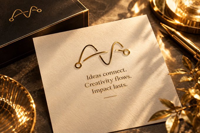 An elegant cream-colored card with a gold logo displaying the tagline 'Ideas connect. Creativity flows. Impact lasts.', surrounded by gold decorative items on a dark surface.