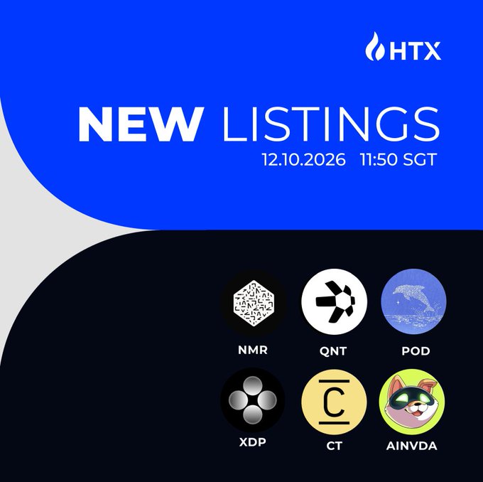 HTX announces new listings for NMR, QNT, POD, XDP, CT, and AINVDA on 12.10.2026 at 11:50 SGT, featuring the exchange's signature flame logo on a blue background with each token's distinctive icon displayed.