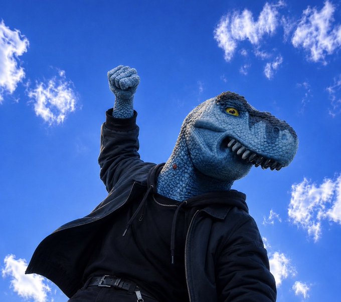 A figure wearing a blue dinosaur mask and black jacket raises a triumphant fist against a bright, cloudy sky. The defiant pose and empowered stance mirror the post's message of "$FEFER" overcoming recent FUD and emerging stronger after a holder shakeout.
