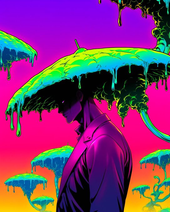 A vibrant, psychedelic digital illustration of a figure with a large dripping green and yellow umbrella-like structure for a head against a pink and purple background.