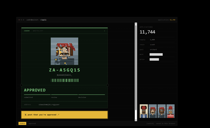 A dark-themed web application interface displaying a pixel art character with 'ZA-ASQIS' and a barcode, marked as 'APPROVED' with an Ethereum address.