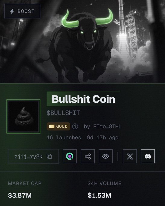 The image displays a memecoin token page titled "Bullshit Coin" ($BULLSHIT) by ETro..8THL, tagged as GOLD with 16 launches and showing a market cap of $3.87M and 24H volume of $1.53M. It visually supports the post's claim about $BULLSHIT being a top altcoin by showcasing the token's key trading metrics alongside a fierce bull graphic, reinforcing its bullish sentiment.