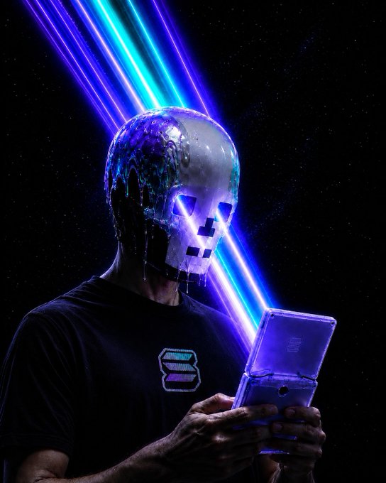 A person wearing a metallic skull-like mask and a black t-shirt with a stylized 'S' logo, holding an open silver device, set against a dark background with diagonal blue light streaks.