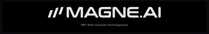 The image displays the MAGNE.AI logo in white text on a black horizontal background, with the label "PNG - White - Horizontal - Dark backgrounds" beneath it, indicating it's a brand asset graphic. The logo visually reinforces the post's introduction of MAGNE's blockchain progress, serving as the visual identity for the project highlighting its testnet capabilities and ecosystem partnerships.