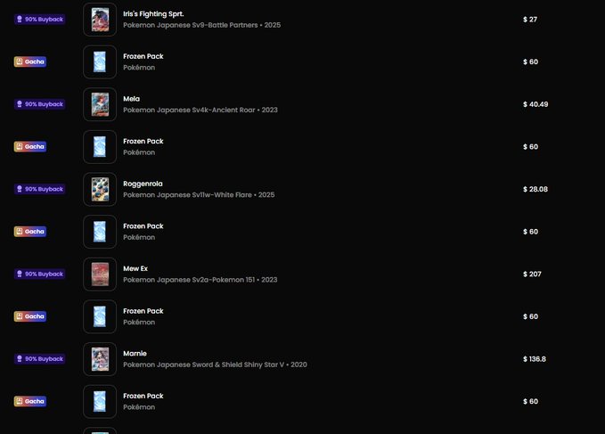 A marketplace listing showing various Pokémon cards including 'Iris's Fighting Spirit' ($27), 'Mew Ex' ($207), and 'Marmie' ($136.8), interspersed with 'Frozen Pack' items priced at $60.