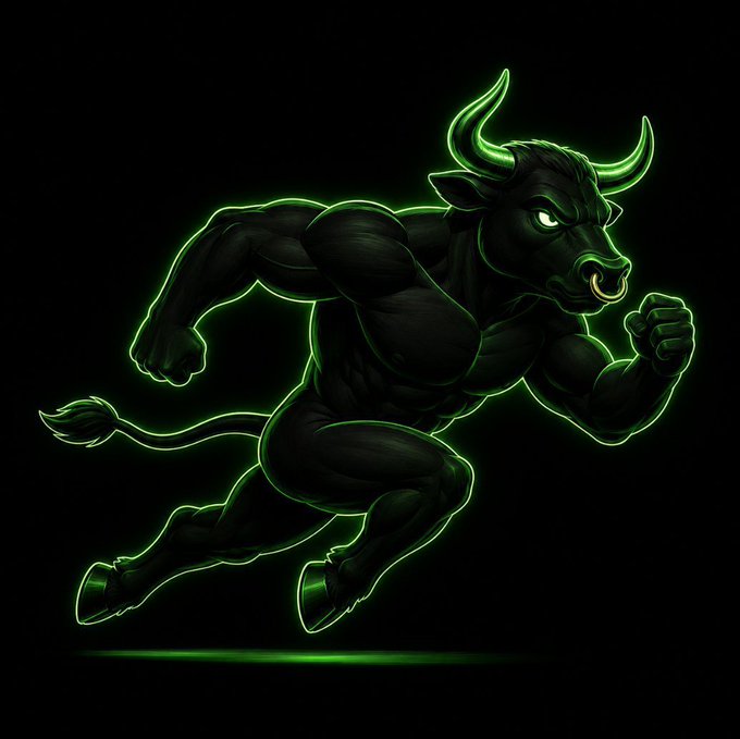 A muscular black bull with glowing green outlines charging forward against a dark background, representing a powerful bull market symbol.