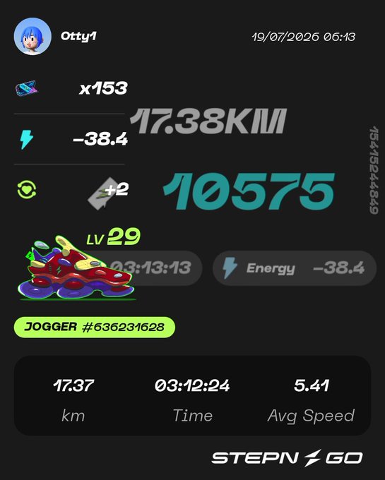 A STEPN GO app screenshot for user 'Otty1' dated 19/07/2026 showing 17.38 km jogged, 10575 points earned, with a Level 29 Jogger sneaker (#636231628), 17.37 km distance, 03:12:24 time, and 5.41 avg speed.