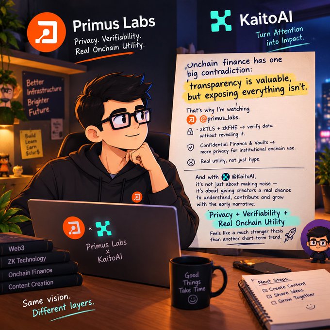 A collaboration graphic between 'Primus Labs' (Privacy. Verifiability. Real Onchain Utility.) and 'KaitoAI' (Turn Attention into Impact.), featuring an illustrated character at a laptop with a handwritten note explaining zkTLS + zkFHE for confidential finance.