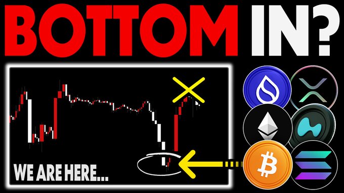 A thumbnail graphic with the text "BOTTOM IN?" displays a candlestick chart indicating "WE ARE HERE..." alongside cryptocurrency logos including Bitcoin, Ethereum, Sui, and Solana.