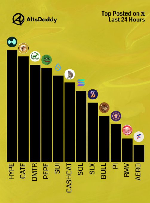 A bar chart from AltsDaddy titled 'Top Posted on X Last 24 Hours' showing cryptocurrency tokens ranked from highest to lowest: HYPE, CATE, DMTR, PEPE, SUI, CASHCAT, SOL, SLX, BULL, PI, RMV, and AERO, each represented by their respective logos.
