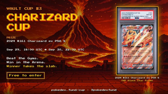 Promotional graphic for "VAULT CUP #3 CHARIZARD CUP" featuring a Pokémon card tournament with a 2024 #161 Charizard ex PSA 5 prize, dated Sep 29 and Sep 30.