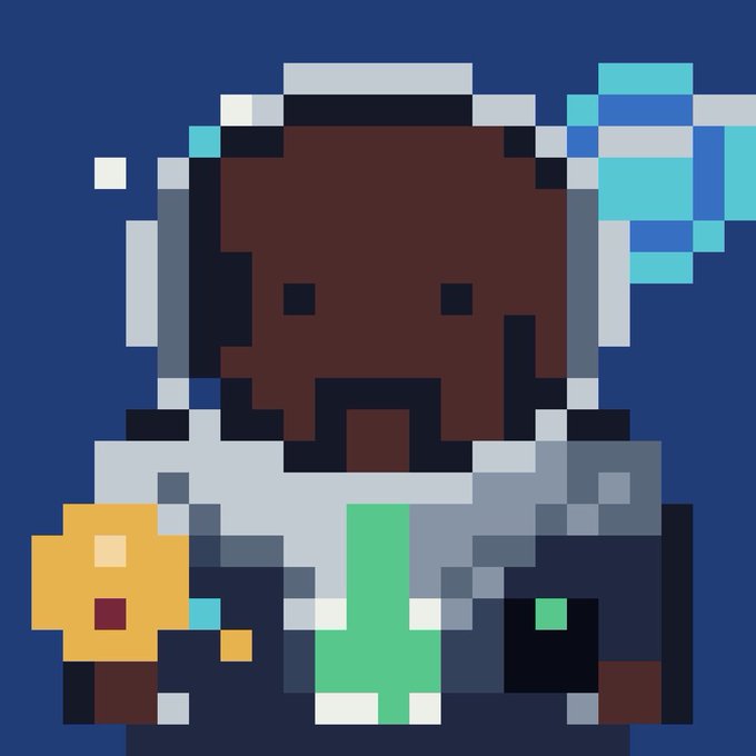 Pixel art illustration of a dark-skinned character with a blue bow, holding a small orange creature, set against a dark blue background.