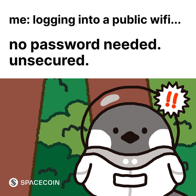A cartoon penguin in a space suit looks alarmed (with "!!" symbols) while standing in a forest, paired with the caption "me: logging into a public wifi… no password needed. unsecured." The image humorously illustrates the post's warning about unsecured public WiFi being a security threat, while promoting Spacecoin's SpaceRouter Onion as a secure browsing solution available for free during open testing.