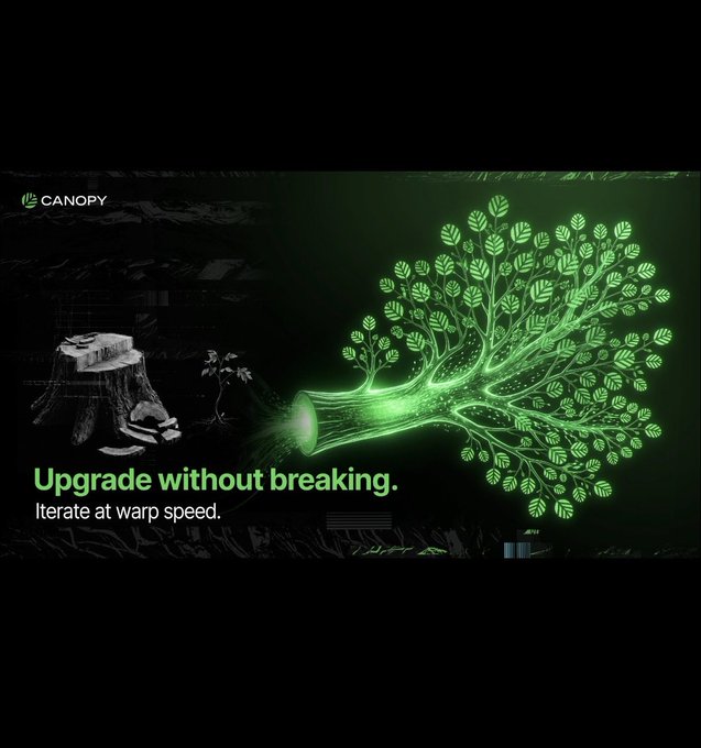 A promotional banner for Canopy featuring a glowing green tree sprouting from a tree stump, with the tagline "Upgrade without breaking. Iterate at warp speed." and the Canopy logo. The image visually reinforces the post's message about Progressive Sovereignty Architecture ($CNPY), symbolizing organic growth and evolution—appchains developing shared roots (consensus) before branching into independent L1 status without disrupting the existing structure.