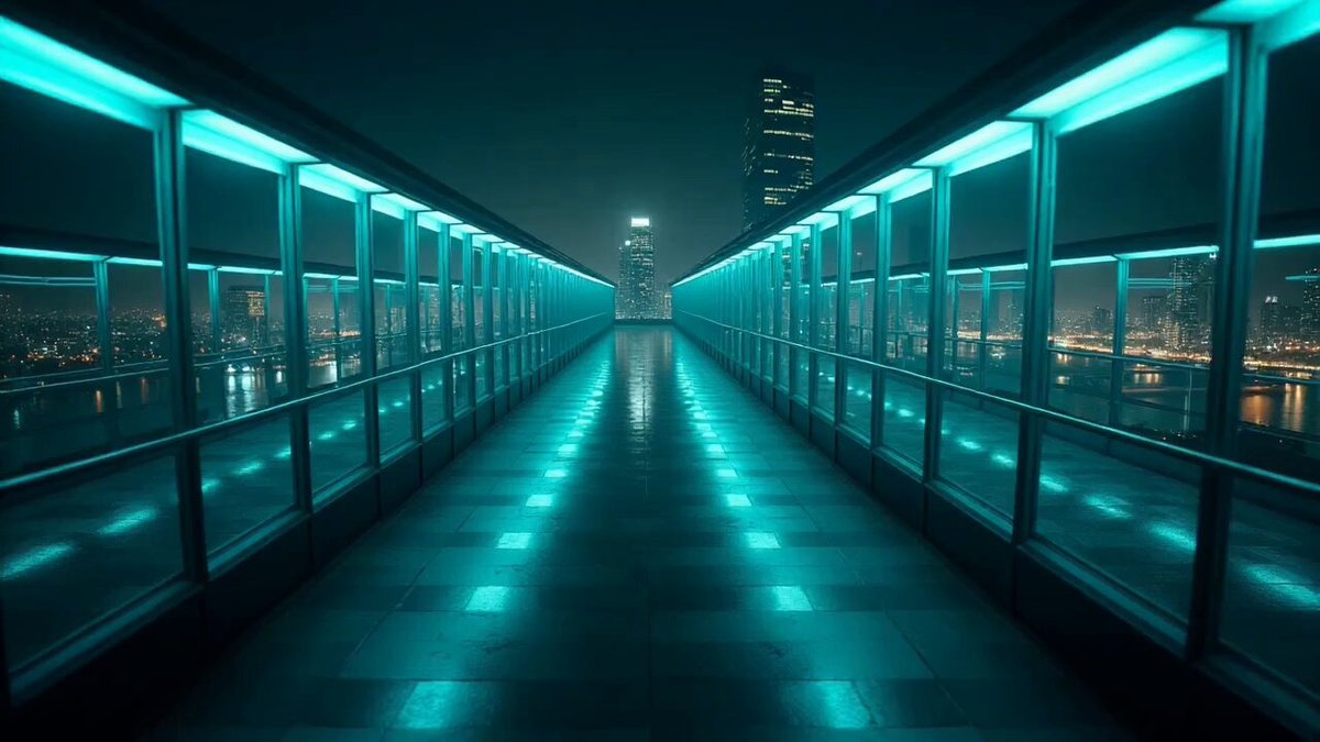 The image shows a long walkway with blue lights, leading towards a city skyline at night. The sky above appears dark, creating an atmosphere of mystery and intrigue. The cityscape features tall buildings that stretch into the distance, their silhouettes illuminated by the bright lights. The scene is captured from a low angle, emphasizing the height of the buildings and giving them an imposing presence against the dark sky.