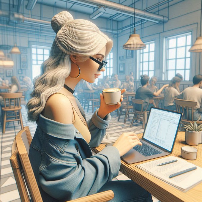 A stylish young woman with silver hair and sunglasses sips coffee while working on her laptop in a busy café, with a small potted plant, notebook, and pen on the wooden table beside her. The image reflects the post's theme of productivity and financial success, evoking a relaxed yet focused work session where the author reflects on their strong July earnings made through the Velvet app.