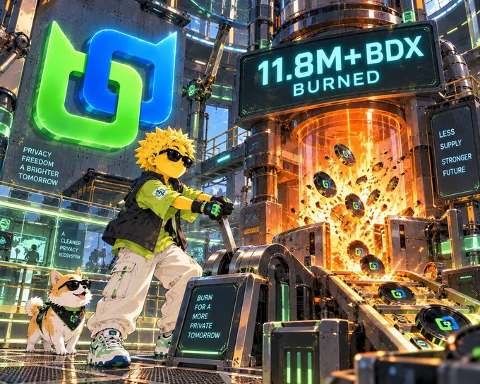 An anime-style character with spiky blonde hair and sunglasses operates machinery while a dog watches, with a digital display showing '11.8M+ BDX BURNED' alongside a glowing green BDX logo.