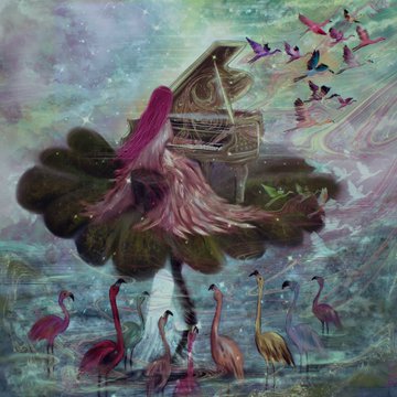 A dreamlike digital artwork depicts a figure with flowing pink hair seated at a grand piano resting on a cloud-like island, surrounded by colorful birds and a flock of flamingos wading through water below, evoking the ethereal creativity that Transient Labs showcases through its curated collection of generative and digital artworks.