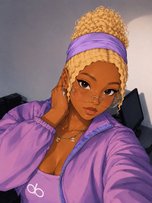 A digital illustration of a stylish young woman with blonde braided hair, wearing a purple headband, glasses, and a purple jacket, posing for a selfie.