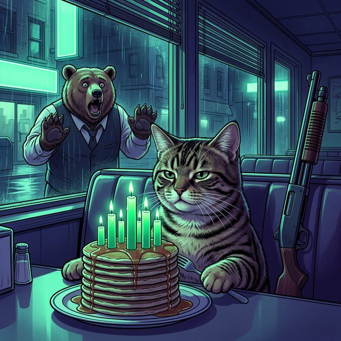 A digital illustration of a stoic cat sitting at a diner table with a stack of pancakes and green candles, while a shocked bear presses against the window from outside.