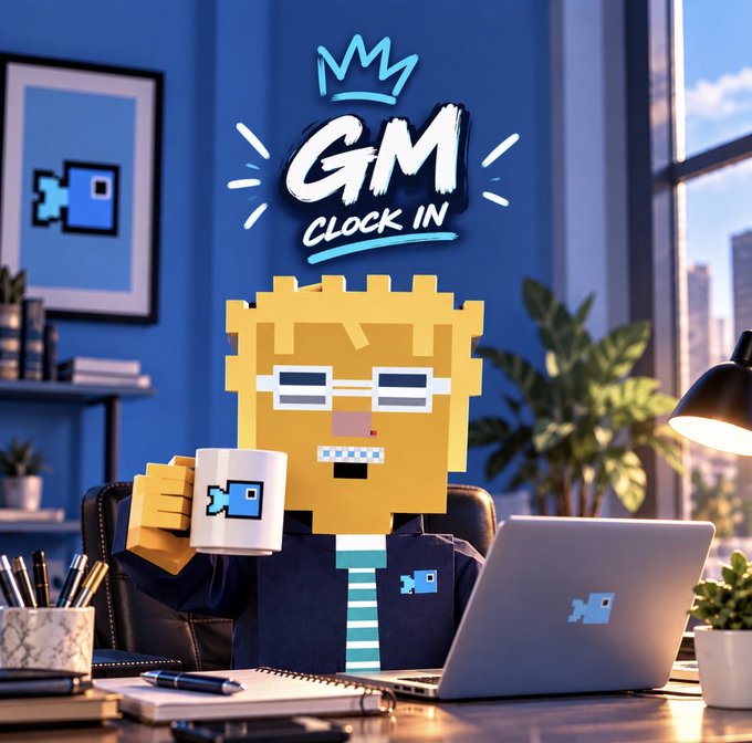 A digital illustration of a yellow pixel-art character wearing glasses and a suit, sitting at a desk with a laptop and coffee mug, with 'GM CLOCK IN' written above with a small crown.