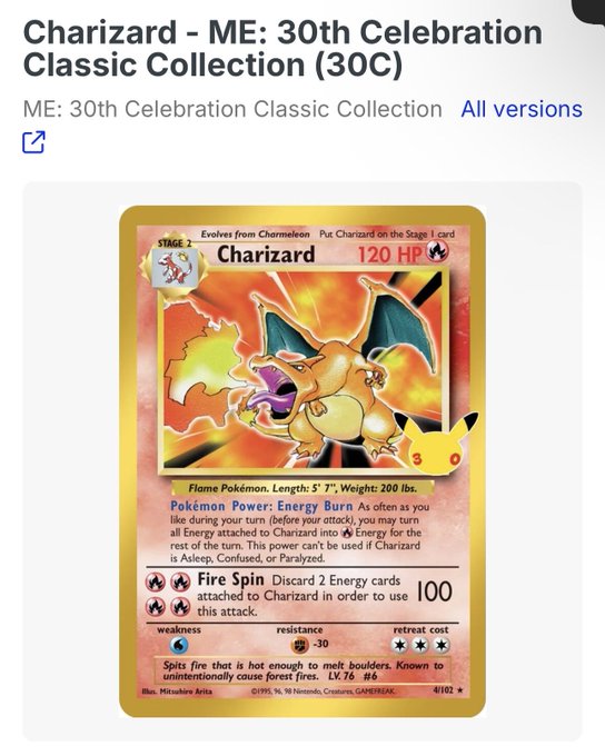 A screenshot showing a Charizard Pokémon trading card from the 'ME: 30th Celebration Classic Collection (30C)' featuring 120 HP and the 'Energy Burn' Pokémon Power.