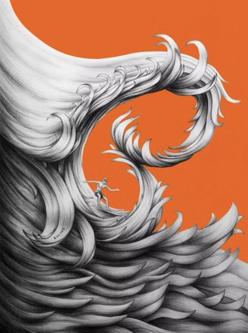 A black and white illustration of a massive curling wave with a small human figure caught within its crest, set against a solid orange background.