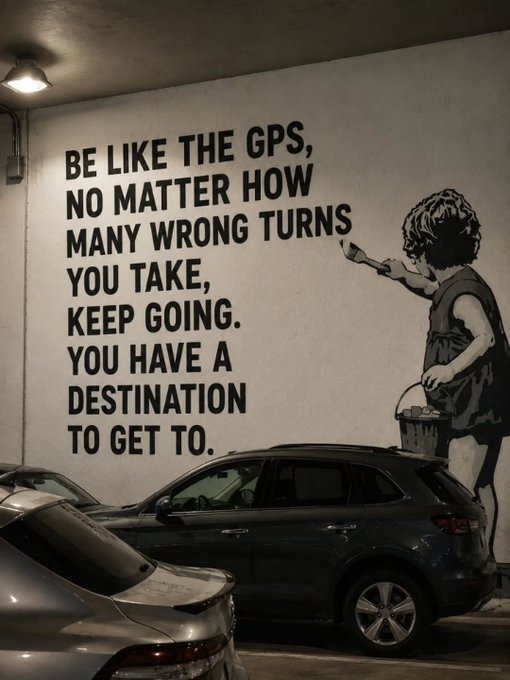 An SUV is parked in a dimly lit garage beneath a large mural of Banksy's "Girl with Balloon," featuring the text: "Be like the GPS, no matter how many wrong turns you take, keep going. You have a destination to get to." The post likens $UTYA to a GPS guiding investors toward meme coin discoveries, suggesting patience and persistence will lead to significant gains, much like following the mural's advice to stay on course toward a goal.