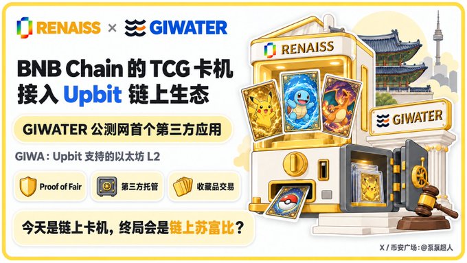 A promotional graphic featuring the logos 'RENAISS x GIWATER' alongside Chinese text about 'BNB Chain的TCG卡机接入Upbit链上生态' and cartoon illustrations of a gachapon machine and trading cards.