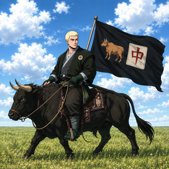 An anime-style illustration of a blonde samurai riding a large black bull across a grassy field, carrying a black banner featuring a brown bull and a red cross emblem.