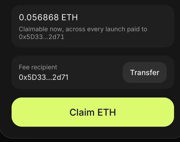 The image shows a mobile screen displaying "0.056868 ETH" claimable, addressed to a fee recipient "0x5D33...2d71", with a yellow "Claim ETH" button. This illustrates the final step of the post's tutorial, showing the user the ETH reward earned from Pons by following the recovery phrase import process.