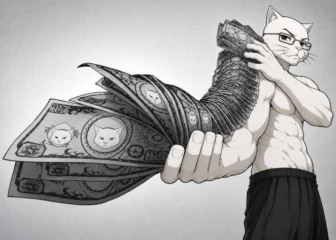 A black and white illustration of a muscular cat wearing glasses, fanning out a large stack of banknotes featuring cat faces.