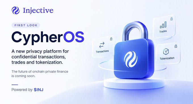 A promotional graphic for Injective announces a 'FIRST LOOK' at 'Cypher OS,' described as 'A new privacy platform for confidential transactions, trades and tokenization,' featuring a large blue padlock icon and text reading 'Powered by $INJ'.