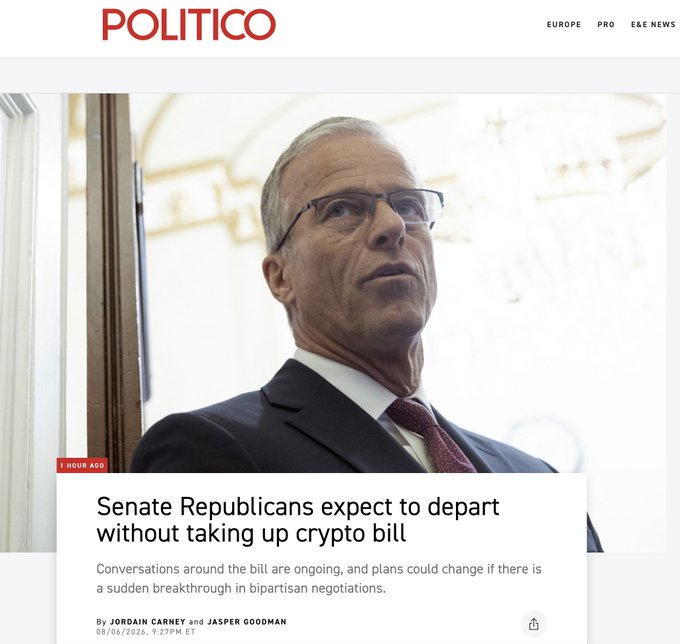 A Politico article dated 08/06/2026 by Jordain Carney and Jasper Goodman reports Senate Republicans are expected to depart Washington for August recess without taking up the crypto/CLARITY Act, noting that conversations are ongoing but the bill currently lacks Democratic support.