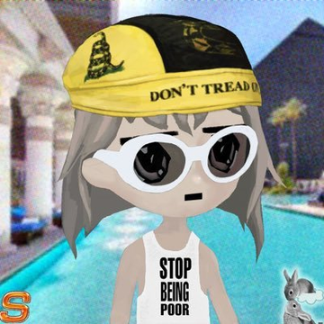 A chibi-style cartoon character with brown hair wearing white sunglasses, a yellow cap reading 'DON'T TREAD ON', and a white tank top saying 'STOP BEING POOR', posed by a pool.