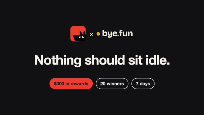 A dark promotional graphic says “Nothing should sit idle.” and advertises “$300 in rewards,” “20 winners,” and “7 days,” with Monzo and bye.fun logos.