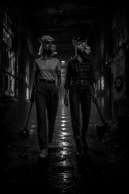 A dark, eerie black-and-white image shows two figures wearing animal masks walking down a dimly lit corridor, each carrying a large axe.