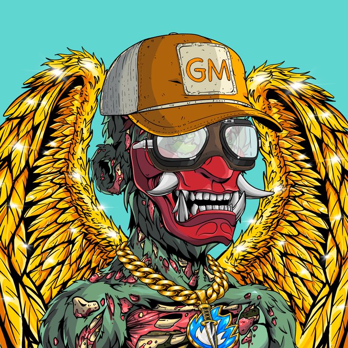 A colorful illustration depicts a one-eyed oni or masked monster wearing an orange cap labeled “GM,” goggles, tusks, a gold chain, and golden feathered wings.