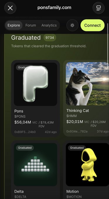 Mobile screenshot from ponsfamily.com showing the 'Graduated' section with tokens that cleared the graduation threshold, featuring Pons ($PONS) at $56.04M market cap and Thinking Cat ($HMM) at $20.01M.