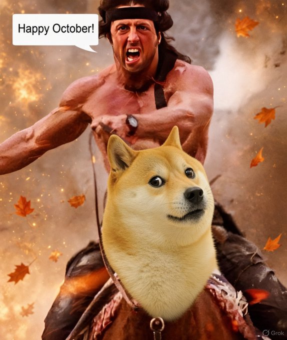 A Grok-generated image of a shirtless muscular man screaming on horseback with a Shiba Inu body, set among falling orange autumn leaves and the text 'Happy October!'.